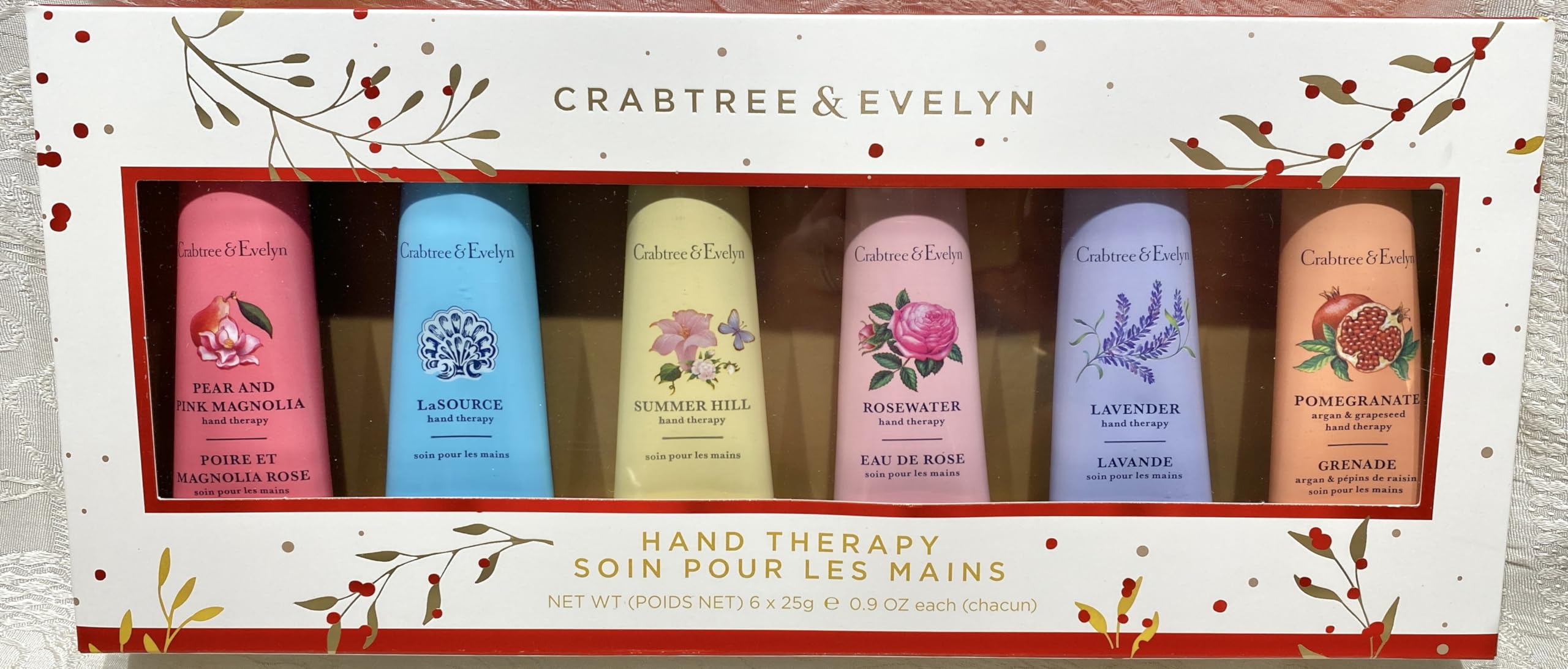 Crabtree & Evelyn | Hand Therapy 6-Pack (0.9 oz Each) (Summer Hill, La Source, Lavender, Pomegranate, Pear & Pink Magnolia and Rosewater)
