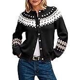 Saodimallsu Womens Fair Isle Sweater Button Up Long Sleeve Cardigans Crew Neck Open Front Knit Vintage Sweater Coats