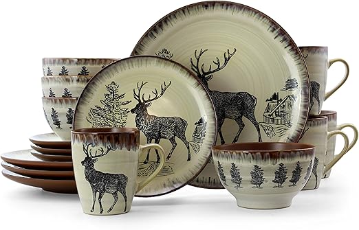 Amazon Com Elama Majestic Round Stoneware Cabin Dinnerware Dish