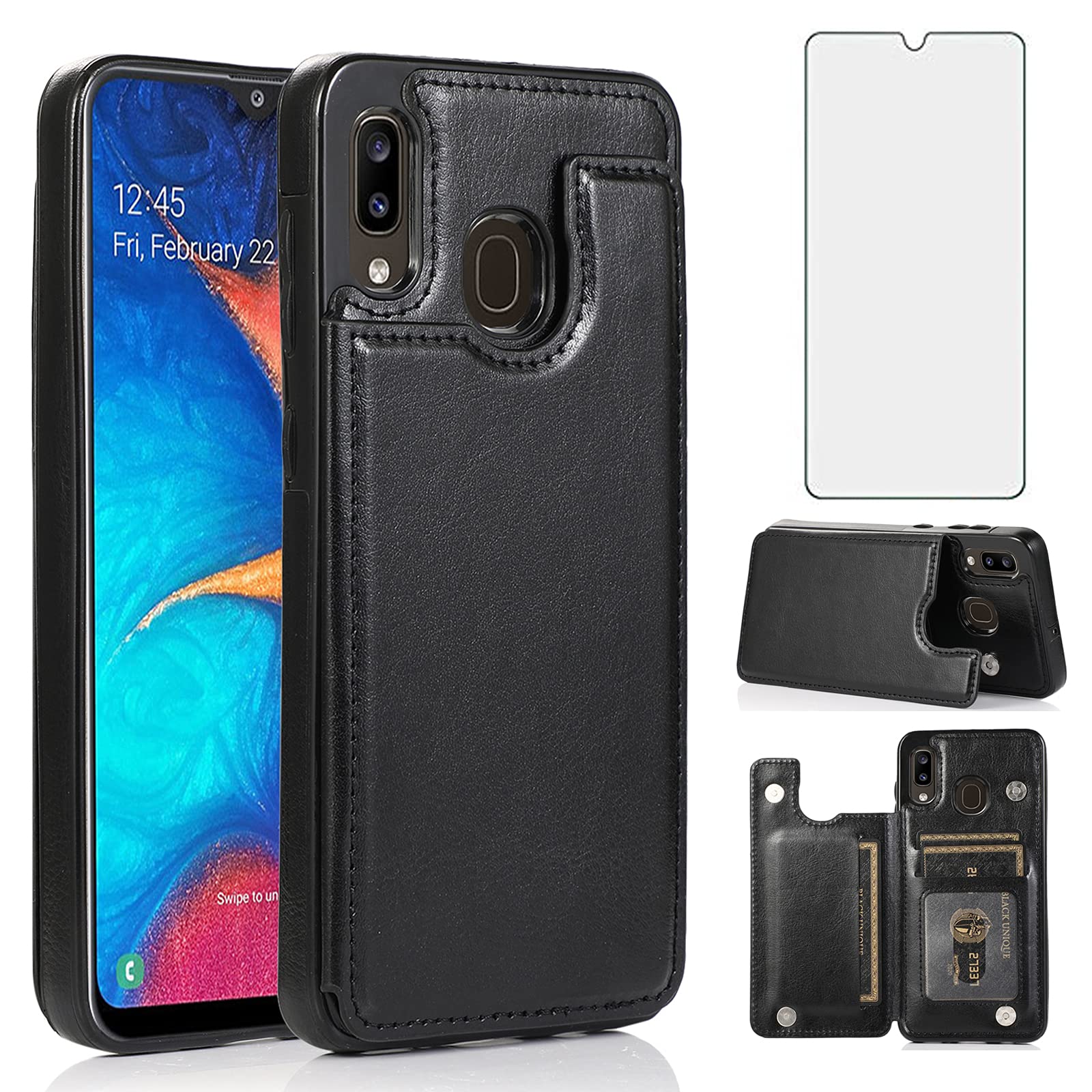 Asuwish Compatible with Samsung Galaxy A20 A30 Wallet Case and Tempered Glass Screen Protector Card Holder Cover Stand Magnetic Flip Cell Phone Cases for Glaxay M10s A 20 30 Gaxaly 20A SM A205G Black