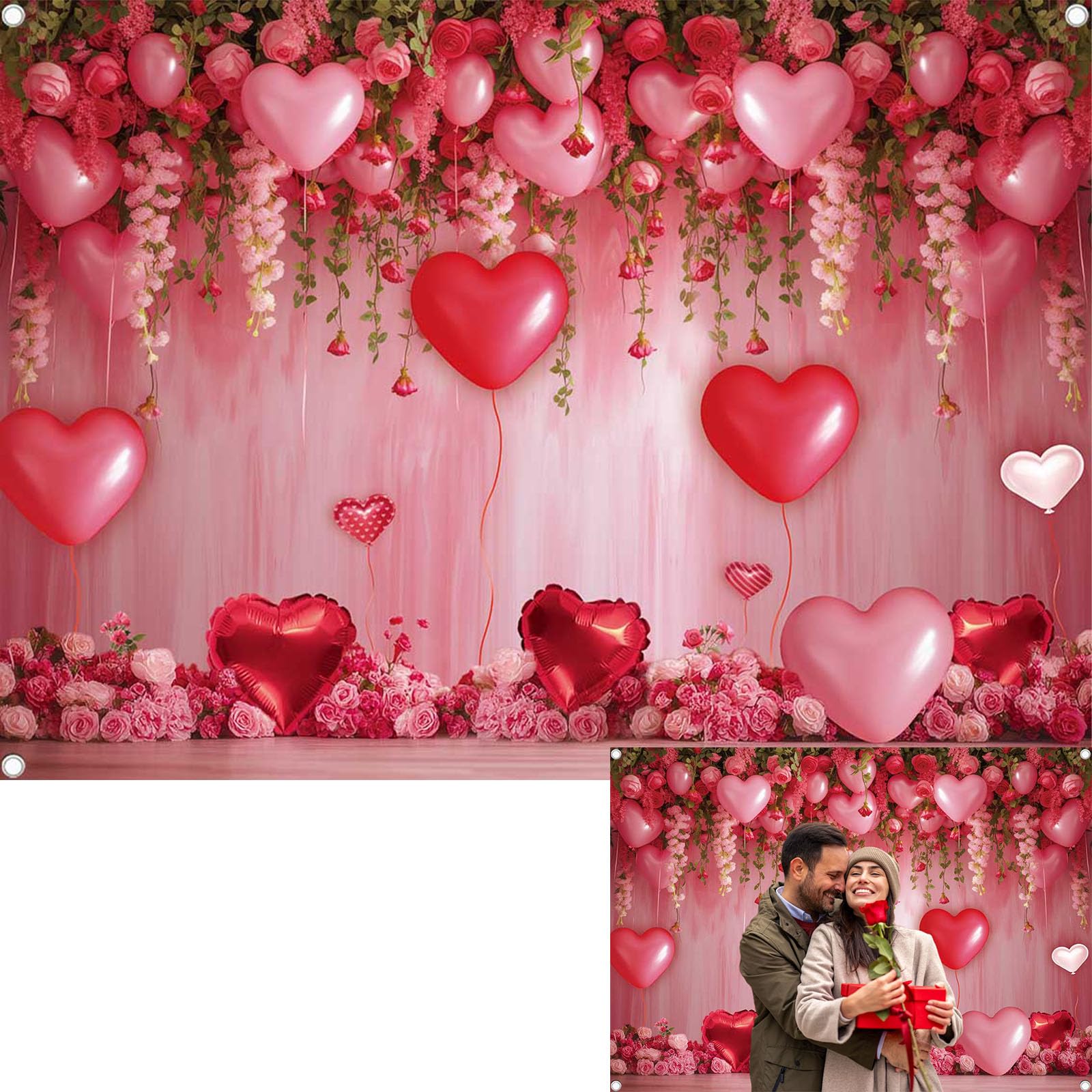 Photo 1 of Sweet Valentines Day Backdrop Pink Heart Happy Valentine's Day Photography Background Red Roses Wall Love Wedding Anniversary Birthday Party Decoration Banner Photo Supplies (7x5FT(82 x 59 inch))