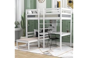 BOVZA Twin Size Loft Bed with Desk, Convertible Wood Bunk Bed with Storage Shelves and Ladder for Kids Teens Boys Girls, Convertible Lower Bed, No Box Spring Needed, White