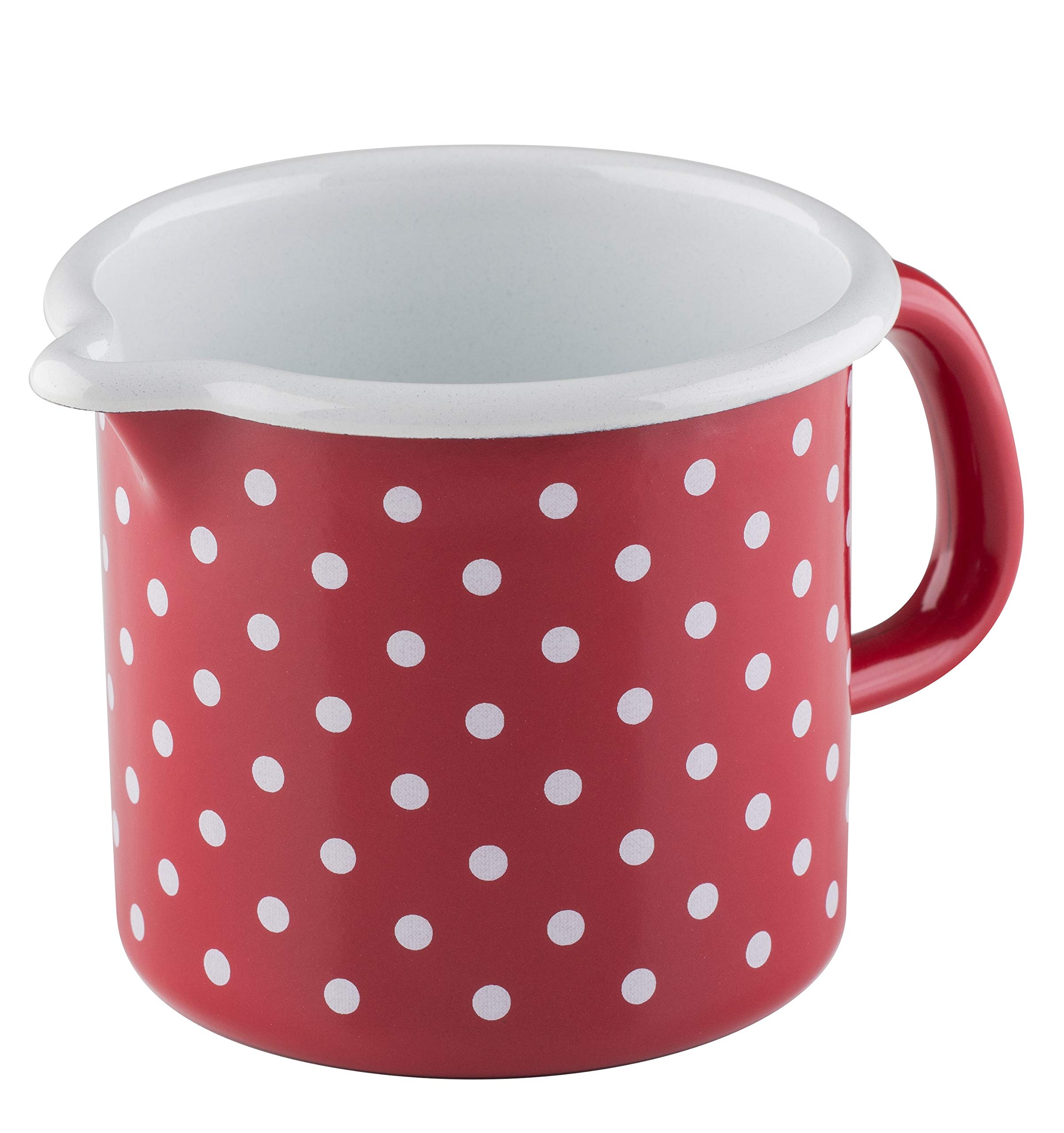 Riess, Country 0040-077 Sippy Pot 12 Dots Red Diameter 12 cm Height 11.5 cm Capacity 1.0 litres Enamel Red/White Induction