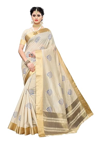Lady Fashion Women's COTTON POLYESTER SILK Saree With Blouse Pices (Lady Fashion KERALA LEAF, Free Size, Multi-Coloured)