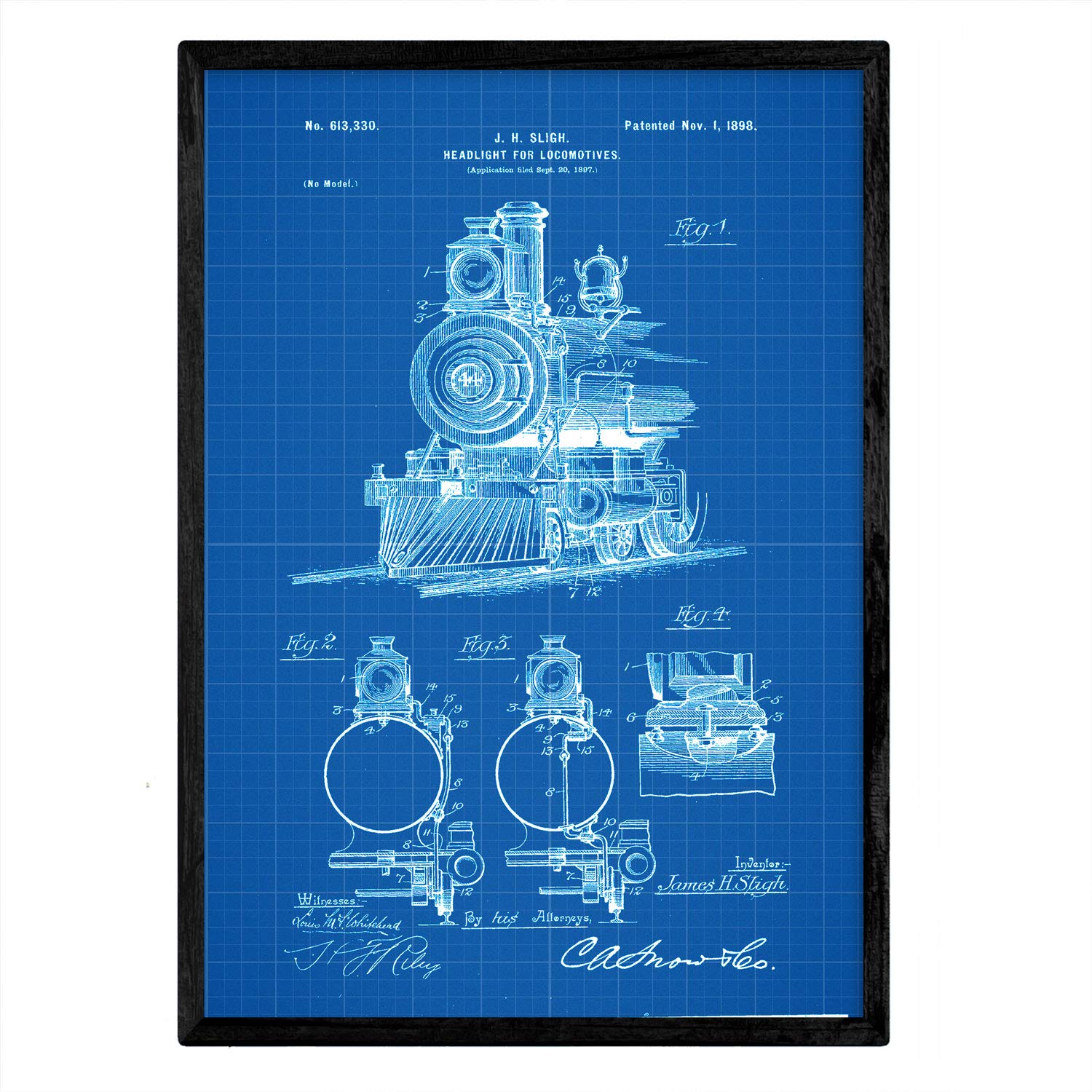 Nacnic Poster patent lamp for locomotives. Sheet with old design patent A3 size with blue background
