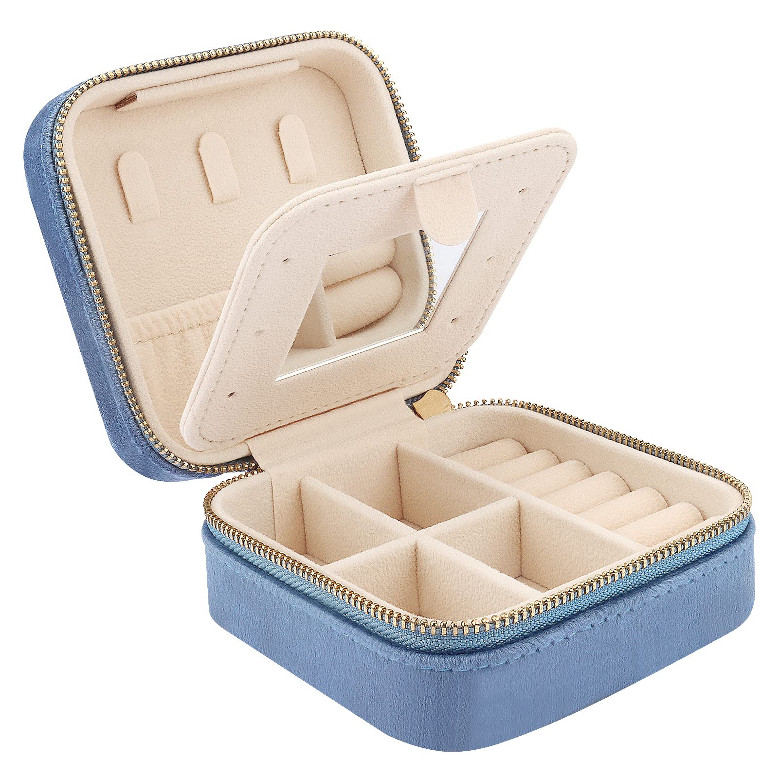 Mini Velvet Travel Jewelry Case with Mirror, Travel Jewellery Box Organiser, Small Jewelry Organiser Storage for Rings Earrings Necklace Bracelets, Blue