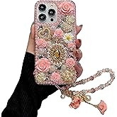 iFiLOVE for iPhone 13 Pro Max Bling Diamond Case with Flower Strap, 3D Luxury Sparkle Glitter Crystal Rhinestone Pearl Love Rose Wristband Bracelet Case Cover for Girls Women Kids (Pink)