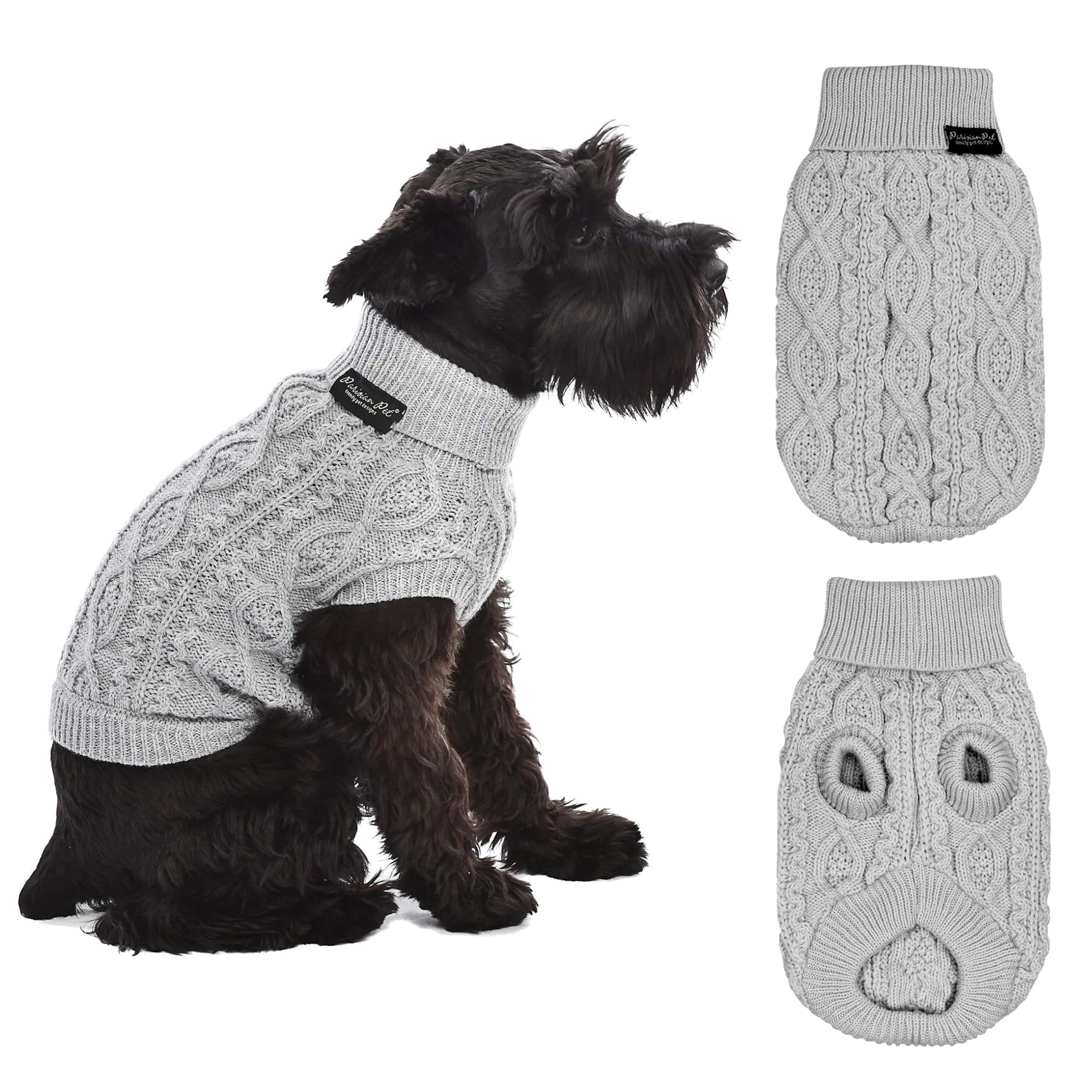 Parisian Pet - Turtleneck Sweater for Dogs - Gray Cable Knit Pullover – Warm Puppy Clothes - Size M