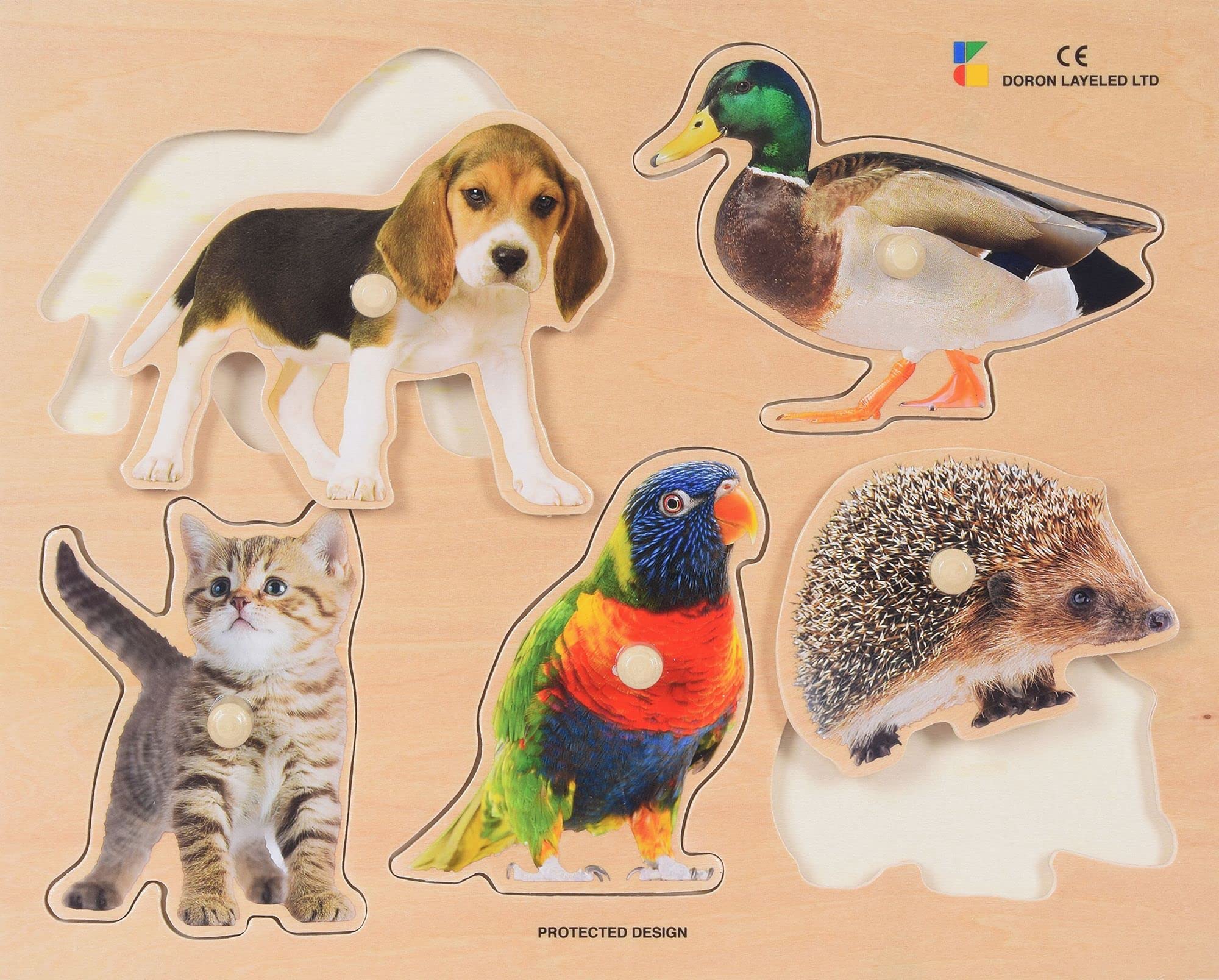 Doron Layeled E72510130, Large Photographic Wooden Peg Puzzle-Favourite Animals, Multi