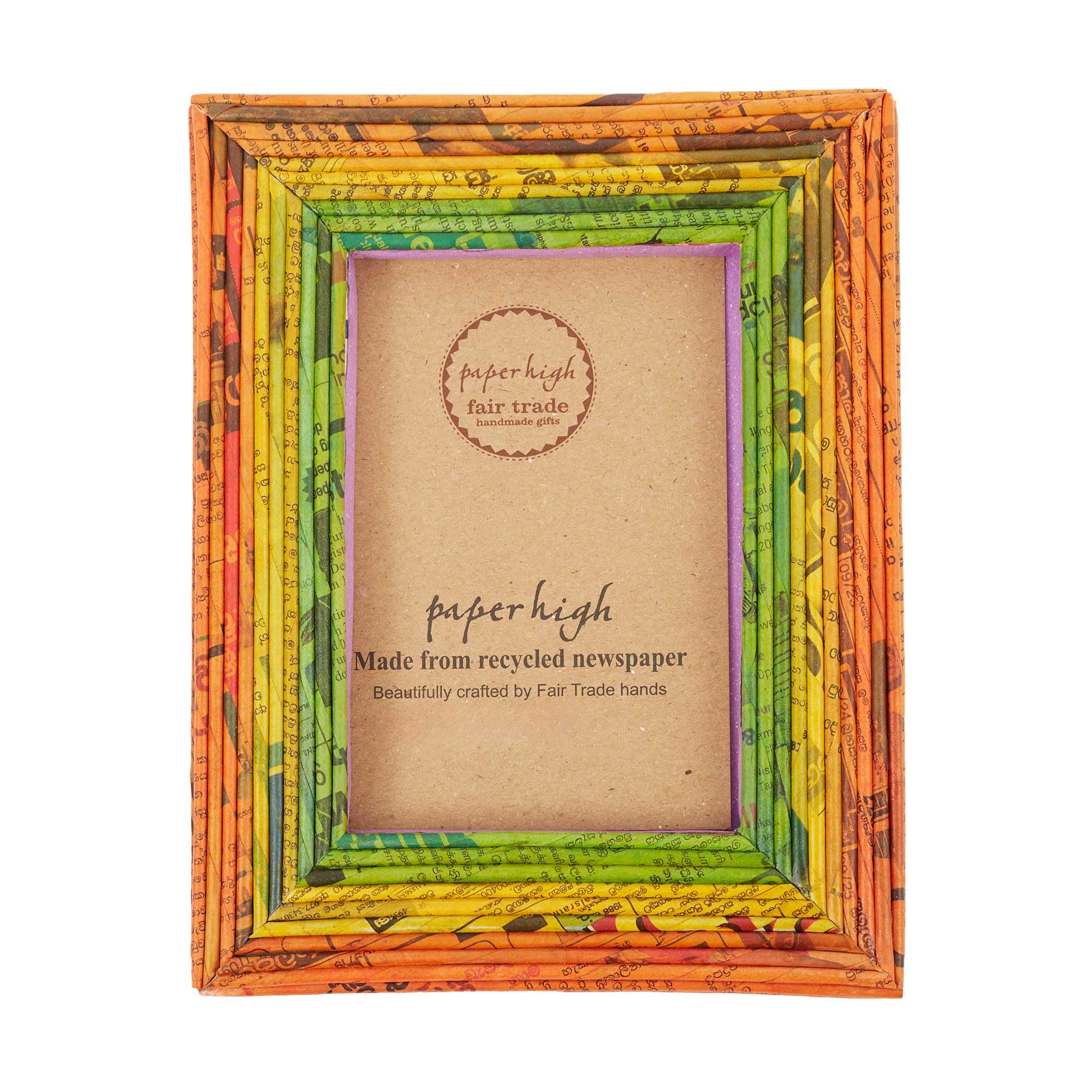 Recycled Newspaper Photo Frame | 6 x 4, 7 x 5 and 10 x 8 Inches | Sustainable Picture Frame | Handmade Colourful Frames | Fair Trade Gifts (Orange/Yellow/Green, To fit a 10x8 Photo)