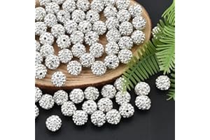 ABITONCC 120pcs 10mm Rhinestone Clay Beads, Polymer Fancy Bling Beads for Baseball Necklace, Round Shamballa Disco Sparkly Beads for Jewelry Making-White