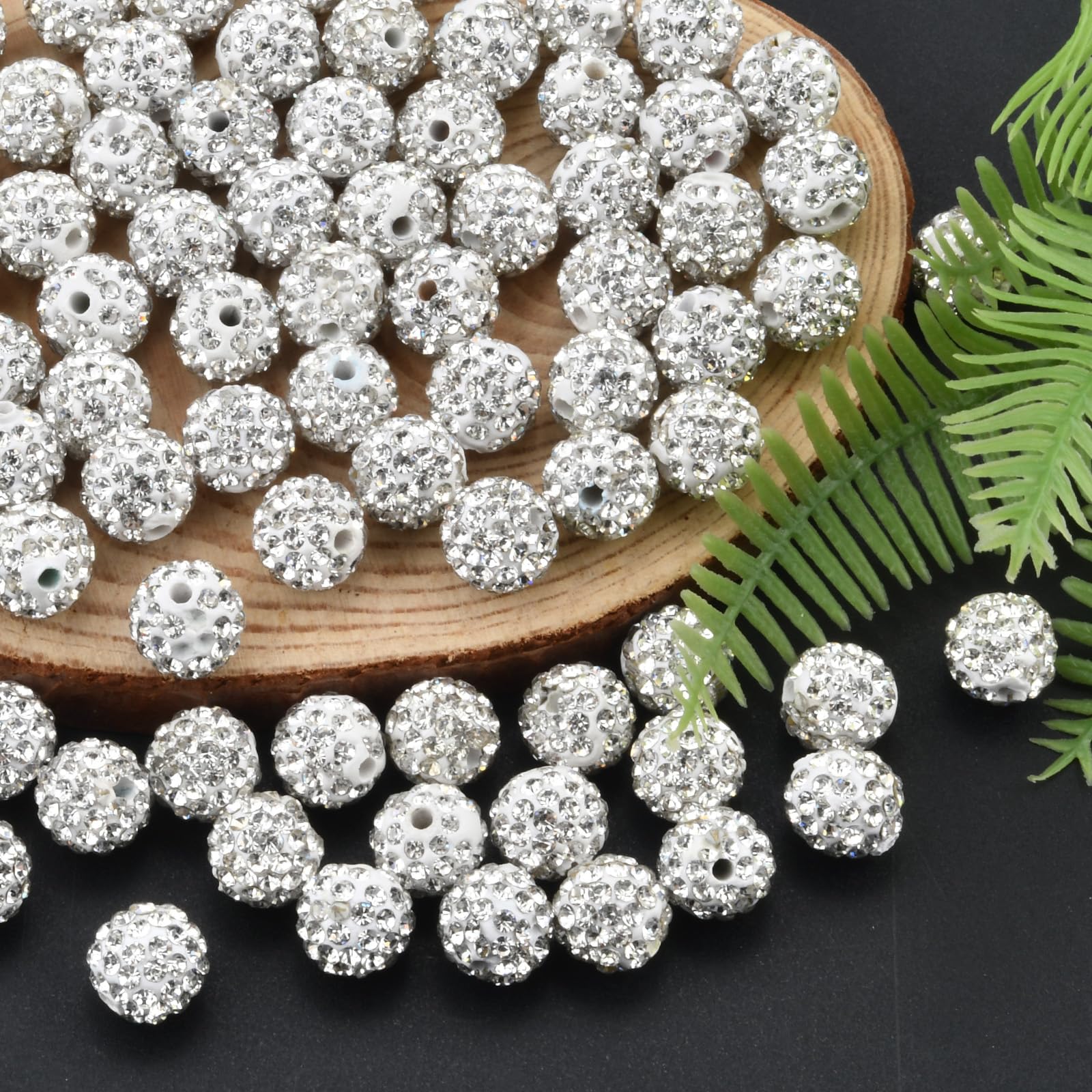 Photo 1 of 120pcs 10mm Rhinestone Clay Beads, Polymer Fancy Bling Beads for Baseball Necklace, Round Shamballa Disco Sparkly Beads for Jewelry Making-White
