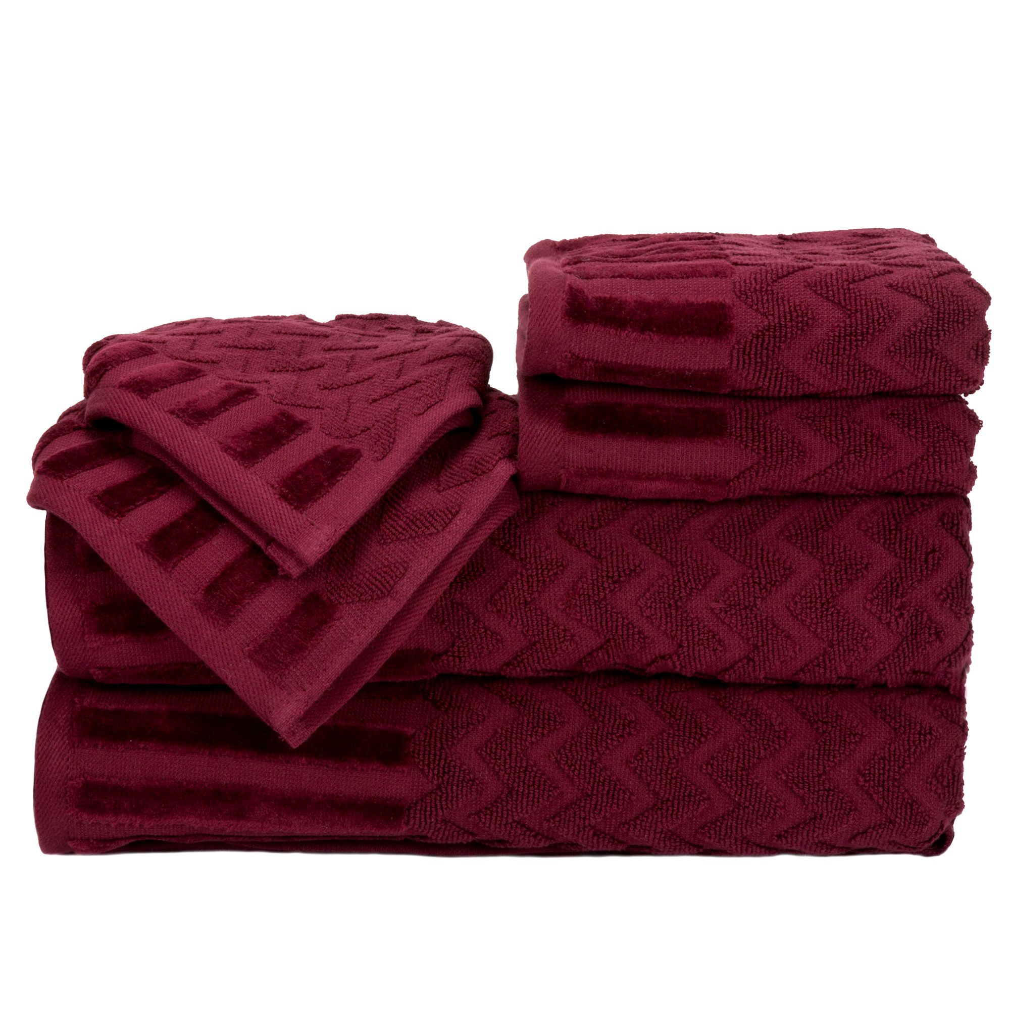 Lavish Home 6-Piece Cotton Deluxe Plush Bath Towel Set – Chevron Pattern Plush Sculpted Spa Luxury Decorative Body, Hand and Face Towels (Burgundy), 27"x54"x0.25"