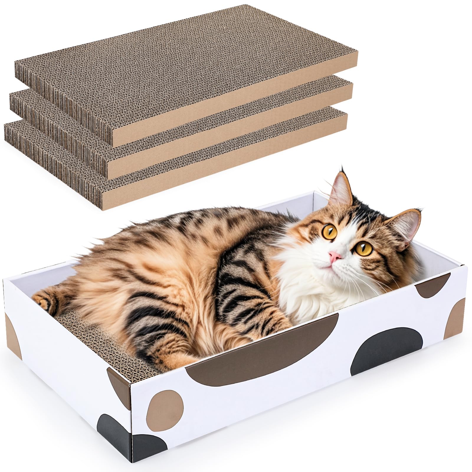 PETTOM Cat Scratching Board 3 in 1, Reversible Cat Cardboard Scratcher with Premium Scratch Textures Design, Cats Scratcher Box with 3 Packs Replacement Flat Scratch Pad for Cats