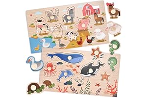 Wooderma Wooden Peg Puzzles for Toddlers 1-3, 2 Pcs Montessori Educational Learning Puzzle Toy Sets - Animal & Sea Themes Puzzles, Great Preschool Gifts for Girls and Boys (6.29 * 11.61in)