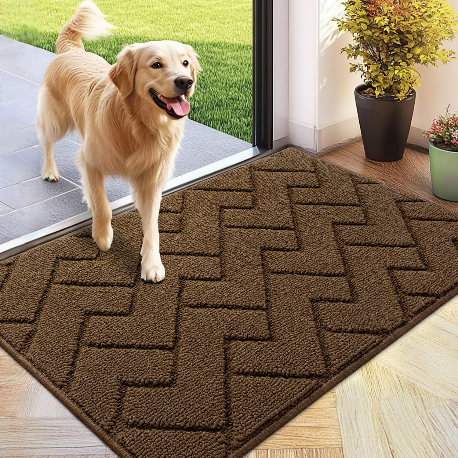 Biscpro Door Mat 60x90cm,Indoor DoorMat Washable,Doormat Indoor Dirt Trapper Non-slip,Absorbent Inside Entrance Rug Floor Mat for Entryway,Patio,Garden,Laundry Room,Pets - Dark Brown