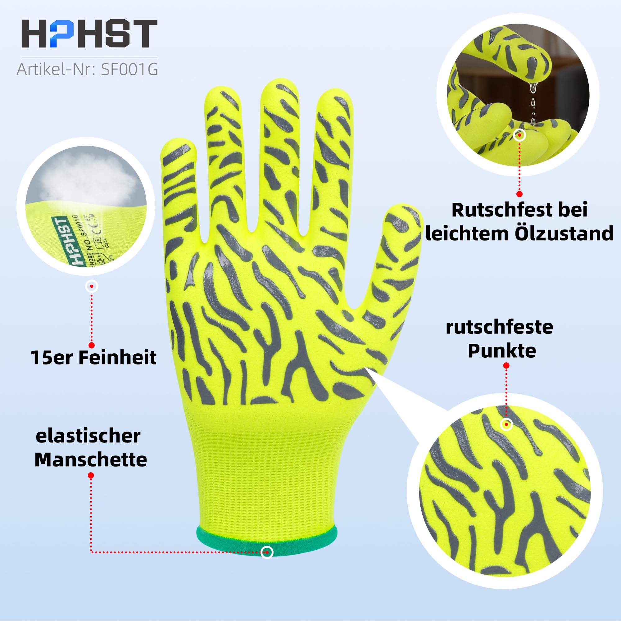 HPHST Arbeitshandschuhe, SF001G Nitril beschichtet Leicht Ölbestandig, Nahtlose Strick Nylon Schutzshandschuhe für Arbeit, Auto, Lager (Gelb 3 Paar, 9/L) 2