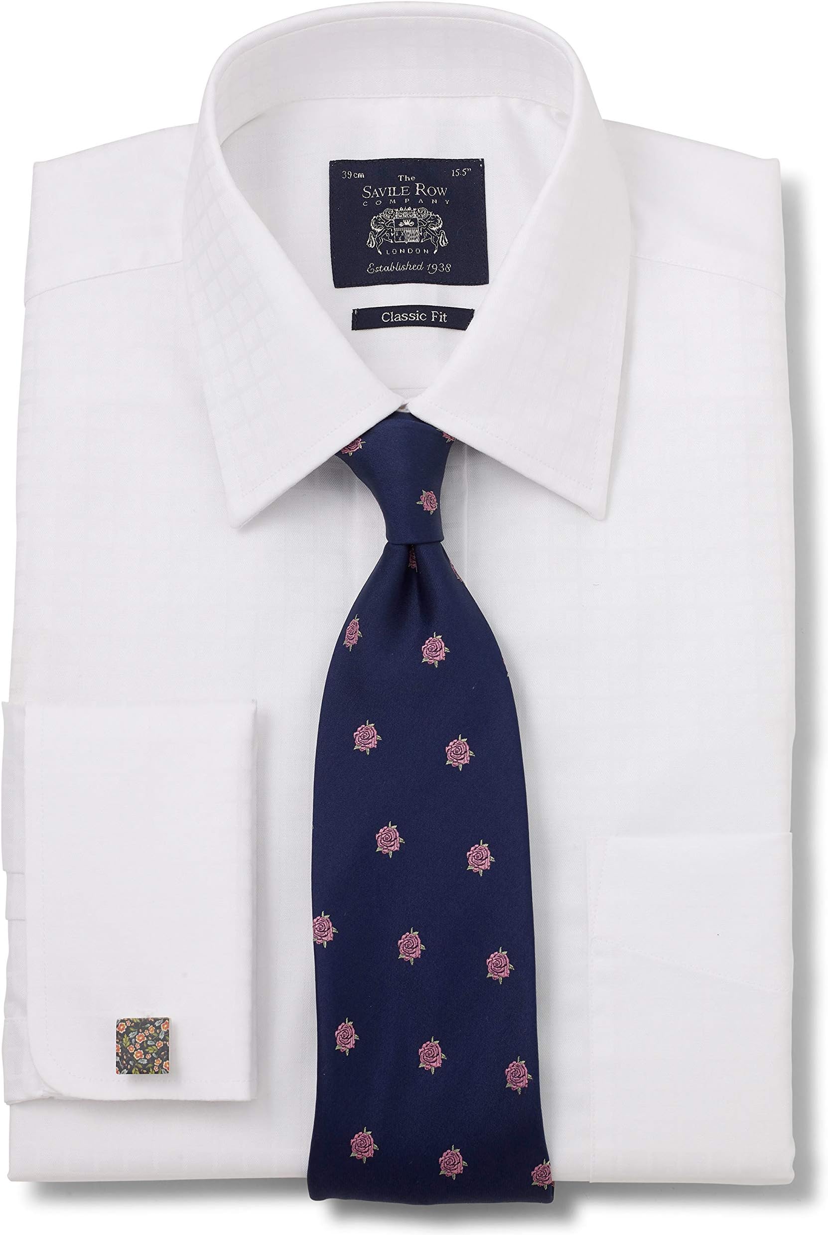 Savile Row Company Men's White Textured Square Pattern Classic Fit Shirt - Double Cuff