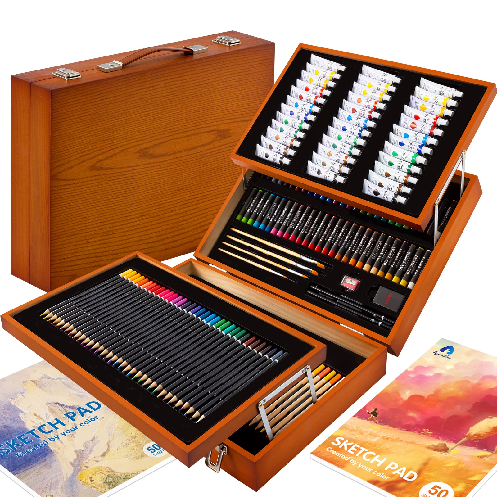 VigorFun Art Supplies, 170-Piece Deluxe Wooden Art Set Crafts Kit with Oil Pastels, Colored Pencils, Watercolor Paint, Acrylic Paint, Oil Paint, Creative Gift for Kids, Teens, Beginners Girls Boys