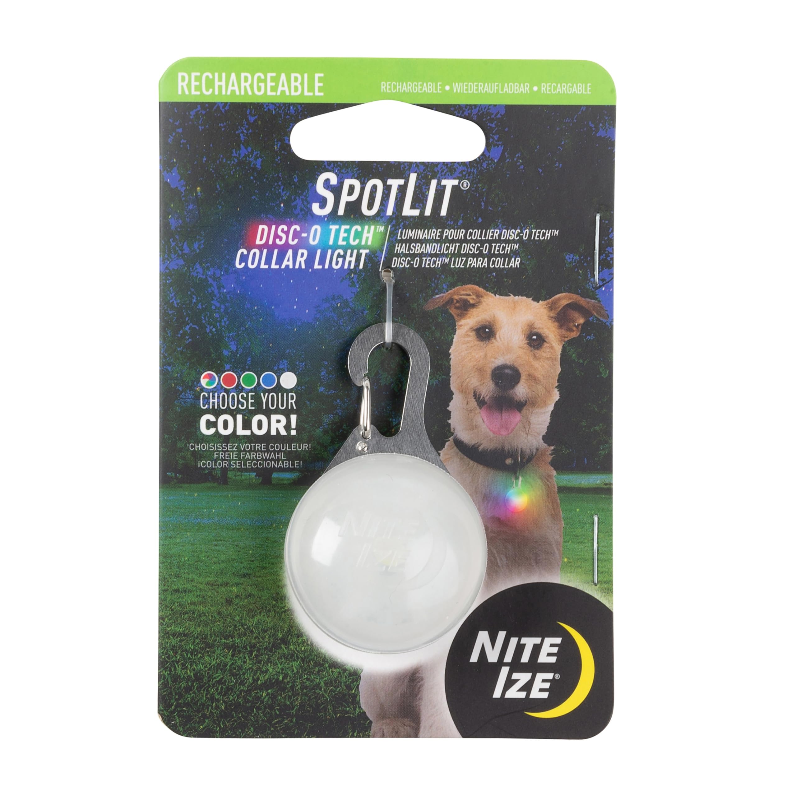 Nite Ize SpotLit Rechargeable Collar Light, Pet Safety Light, Clip-on, Weather-resistant, Four Colors, Glow or Flash Modes, Stainless Steel
