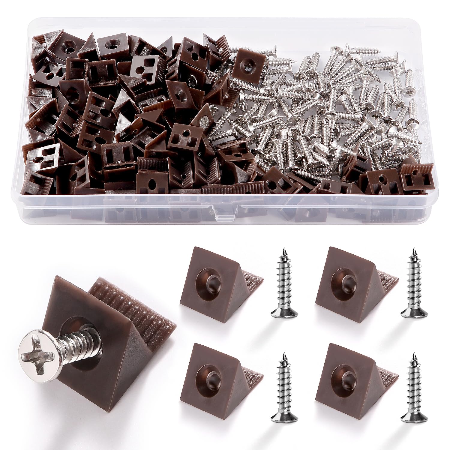 VooGenzek 100 PCS Drawer Bottom Sagging Repair Mending Wedges, Drawer Base Support Reinforcement, Furniture Chest Bottom Repair Fixing Mending Wedges, with 100 PCS Screws, 14 * 13 * 9.3mm (Brown)