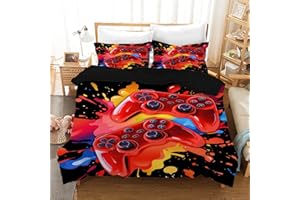 GENEHELF Teens Gamer Duvet Cover Modern Gamepad Comforter Cover for Kids Boys Children Video Game Bedding Set Player Gaming Comforter Cover Breathable Decorative Room (Red, Twin)