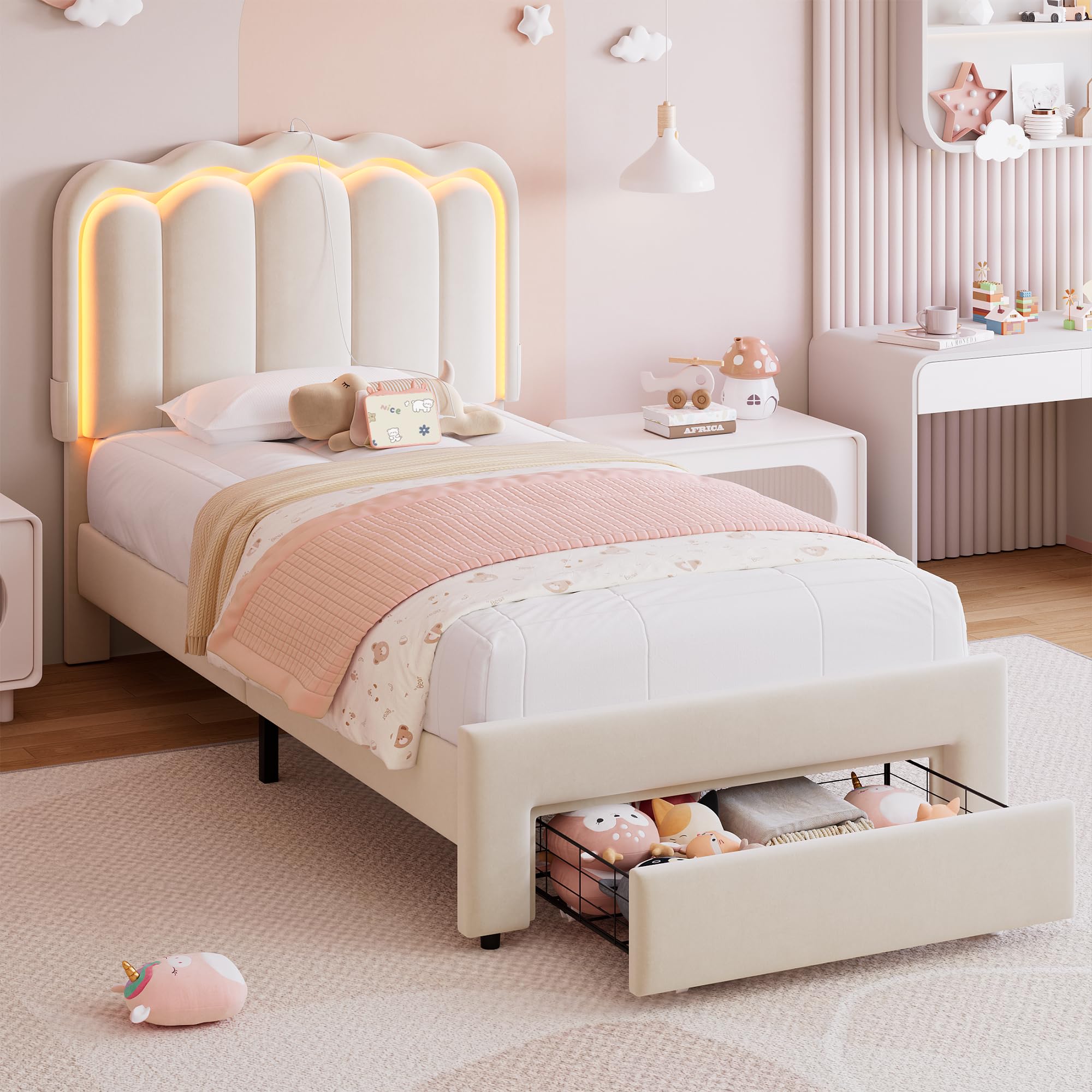 Photo 1 of ***parts only***Twin Upholstered LED Bed Frame with Storage Drawer and Adjustable Chic Double Wavy Headboard, Velvet Princess Platform Bed for Kids/Girls, Solid Wood Slats Support, No Box Spring Needed, Beige