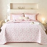 Wake In Cloud - Shabby Chic Quilt Set, Floral Coquette Cottagecore Vintage Flower for Women Teen Girls, Reversible Lightweight Bedspread Coverlet, 3 Pieces, Pink, Twin/Twin XL Size
