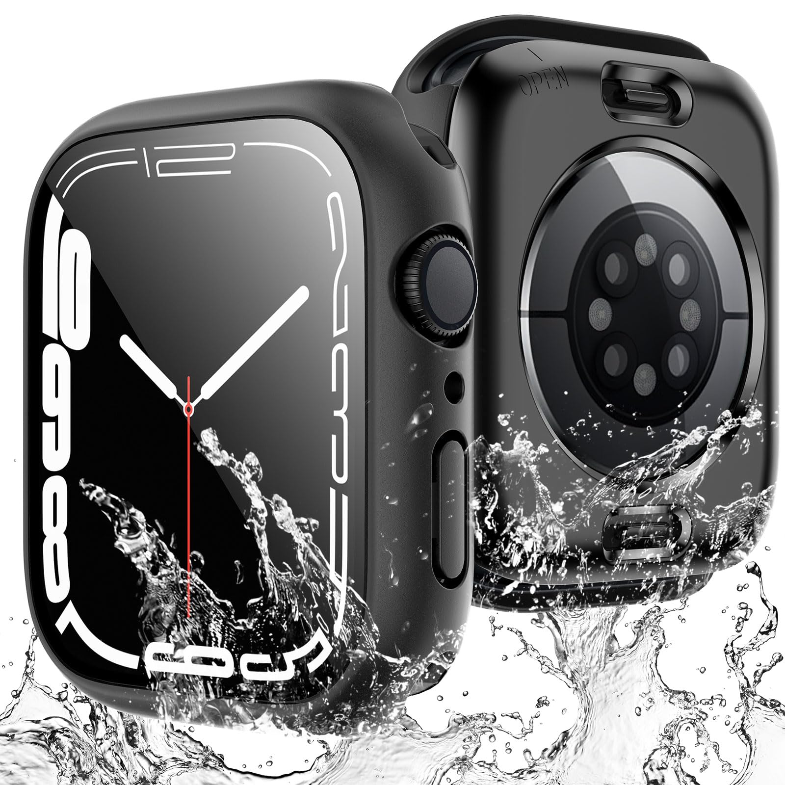 TAURI 2 Pack Waterproof Case Designed for Apple Watch Series 9 (2023) Series 8/7 45mm, [Waterproof Certified] with 9H Tempered Glass Screen Protector, [Full Protection] Slim Cover 45mm - Black