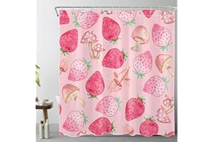 HVEST Strawberry Mushroom Shower Curtain for Bathroom Summer Fruit Pink Red Strawberry and Mushroom Shower Curtain Watercolor Plant Bath Curtain Decor Polyester Fabric with Hooks,72x72 Inches
