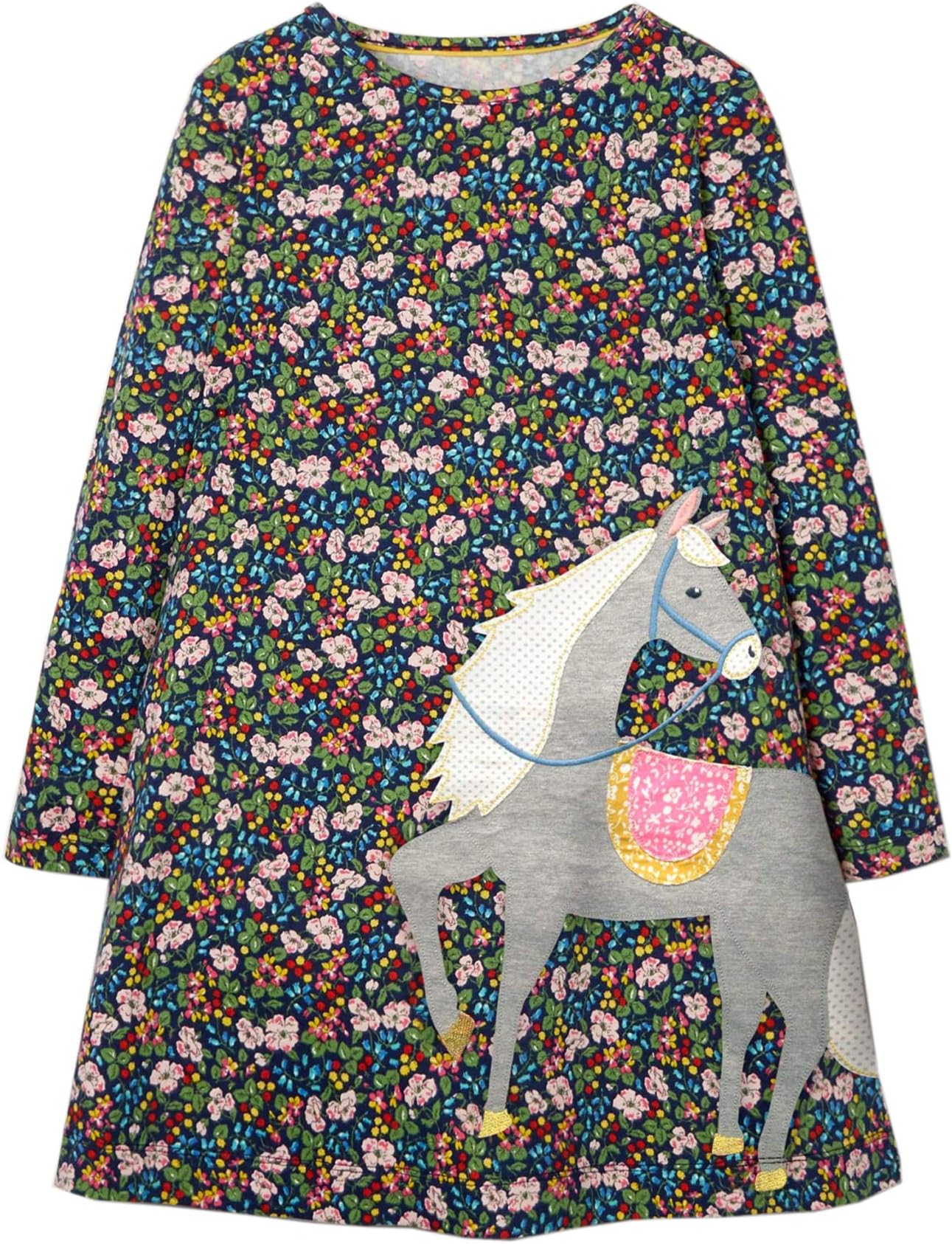 Youlebao Girls Cotton Long Sleeve Casual Cartoon Appliques Striped Jersey Dresses