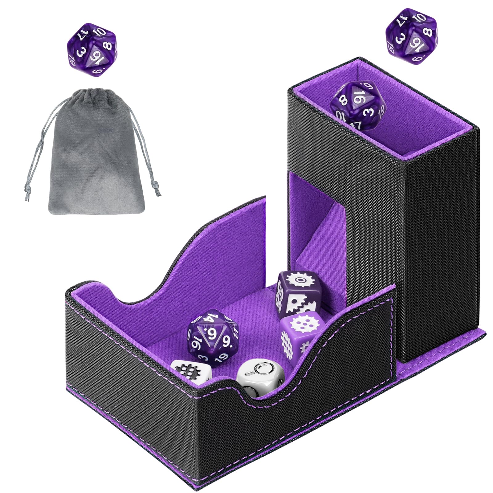 Jaffzora 3-in-1 Foldable Dice Tower & Magnetic Dice Storage Box, Premium Leather Dice Organiser with U-Shape Groove for D&D, MTG, RPG & Tabletop Games, Black & Purple