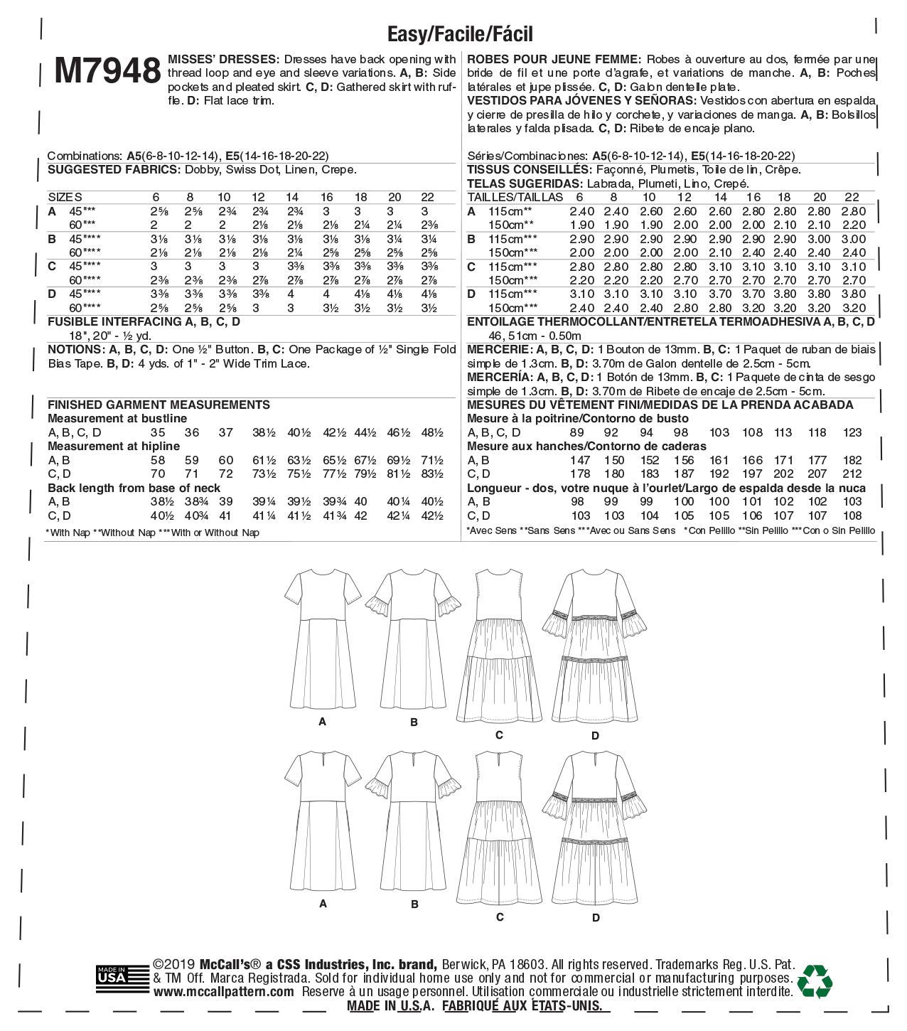 McCall's Patterns McCall's Women's Knee Length Pleated Dress, Sizes 14-22 Sewing Pattern, White
