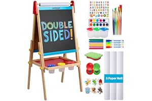 Blue Squid Art Easel for Kids with Paper Roll x 3, Includes 100+ Accessories, Double Sided Adjustable Wooden Painting Easel with Magnetic Chalk Board, White Board for Toddlers Ages 3,4,5,6,7,8,9,10,12