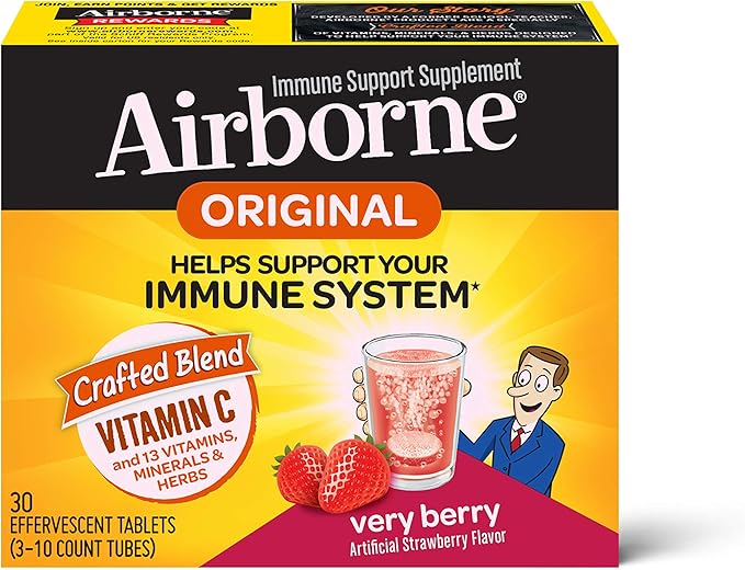 Amazon Com Airborne Vitamin C 1000mg Per Serving Very Berry Effervescent Tablets 30 Count In A Box Gluten Free Immune Support Supplement With Vitamins A C E Zinc Selenium Echinacea Ginger Health