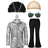 Mepase 6 Pcs Men 70s Disco Costumes Include Retro Shirt Bell Bottom Pants Wig Sunglasses Necklace Wig Cap for Disco Party