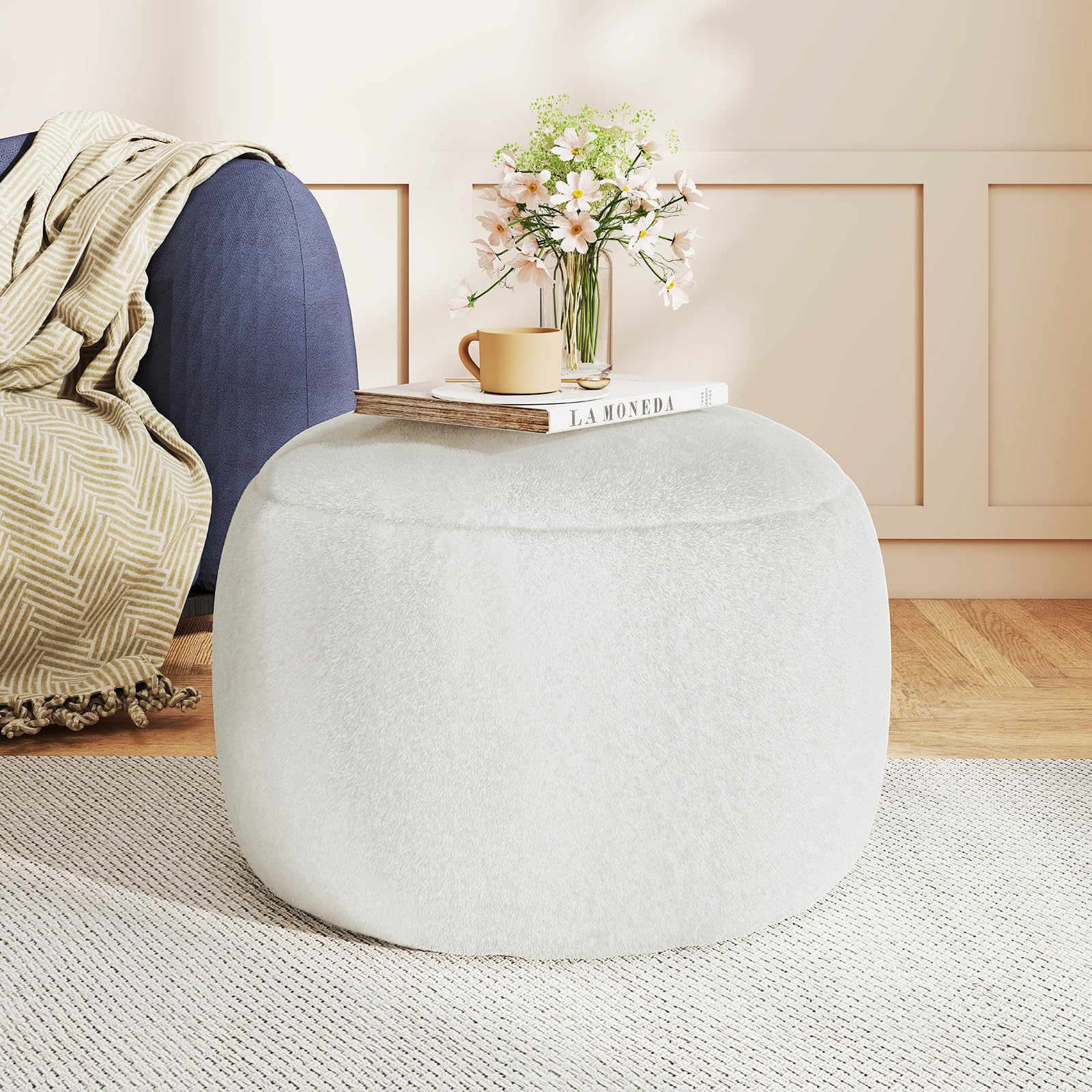 Photo 1 of Gericco Round Stuffed Pouf Ottoman for Foot Rest, A Round Modern Foam Filled Poufs, Floor Chair for Living Room, Nursery, Dorm, A Soft Modern Foot Stool Perfect to Rest Your Feet (White, 20Inch)