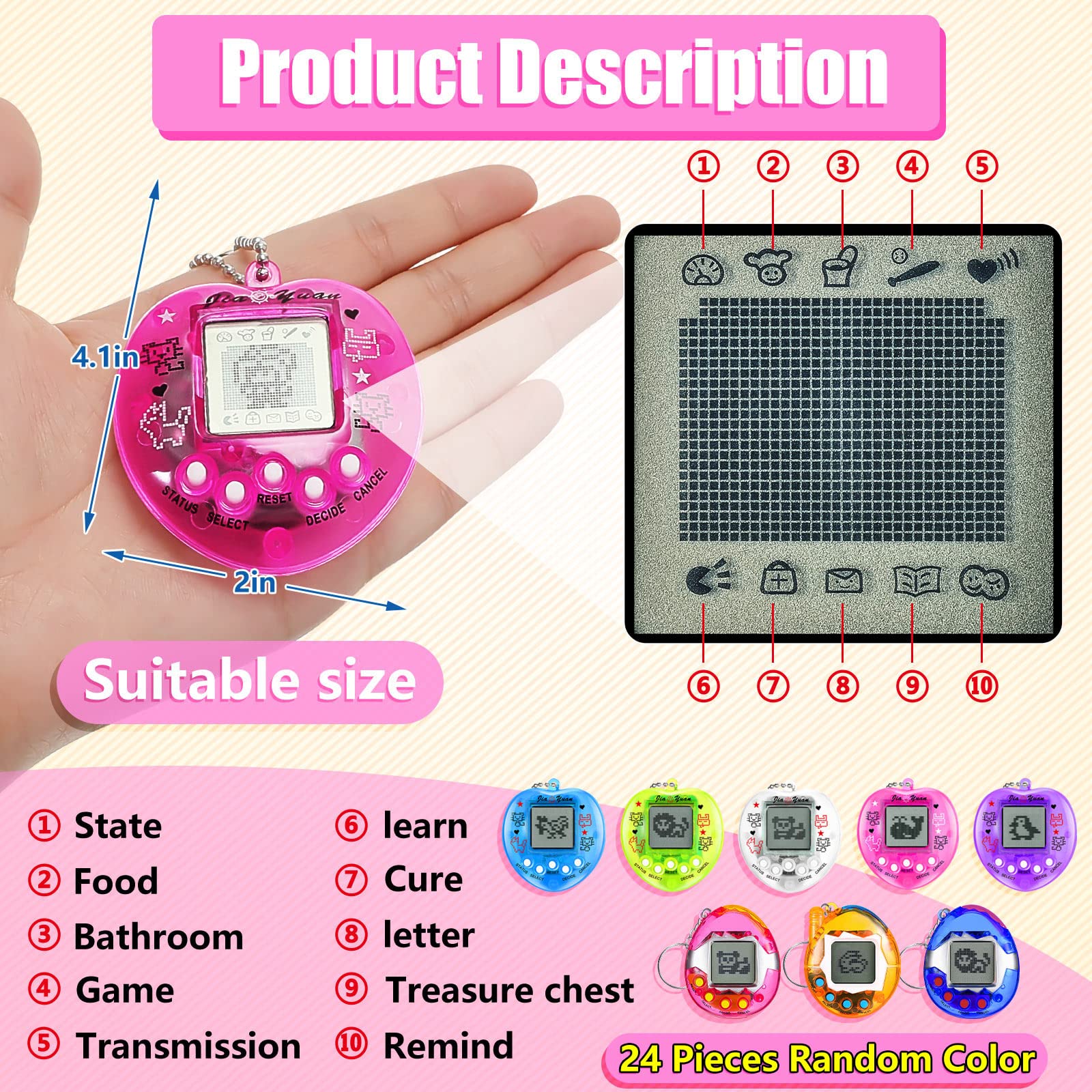 Sosation 24 Pcs Virtual Electronic Digital Pets Keychain for Kid Teen Toys for Birthday Party Favor Fillers Goodie Bags Stuffers Bulk Retro Handheld Nostalgic 90s Pets Game Gift Bulk(Plain)