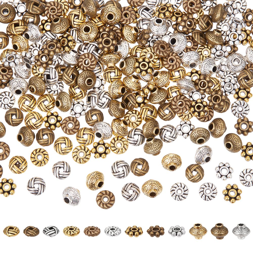 SUNNYCLUE 1 Box 240Pcs 12 Styles 6mm Spacer Beads Tibetan Style Alloy Spacer Beads Antique Silver Gold Bronze Flat Round Daisy Bicone Retro Metal Bead for DIY Bracelet Necklace jewellery Making