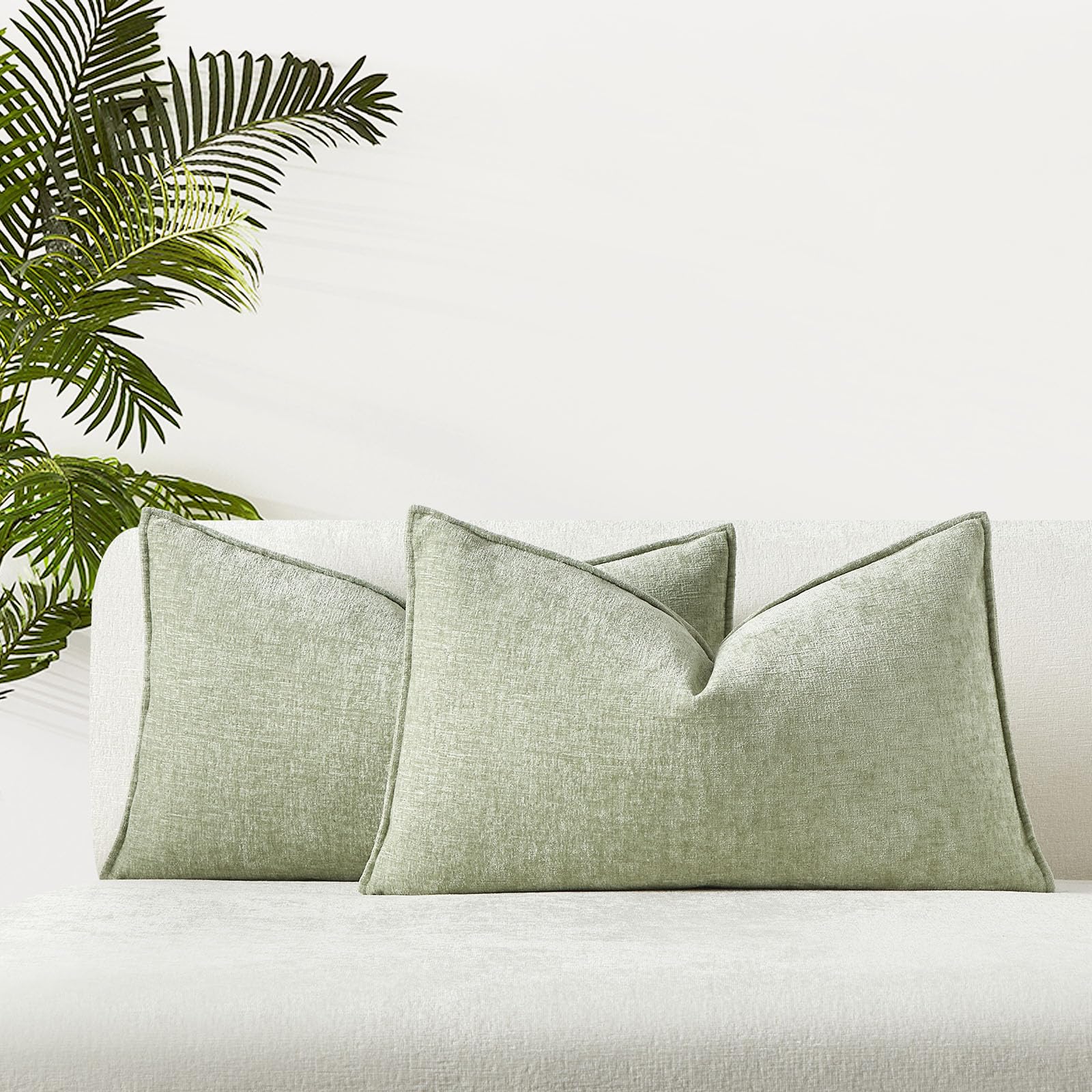 Photo 1 of JUSPURBET Light Green Chenille Lumbar Throw Pillow Covers 16x24 inch Set of 2 Decorative Soft Textured Cushion Cases for Living Room Sofa Couch Bed Solid Home Decor Broadside Pillowcases