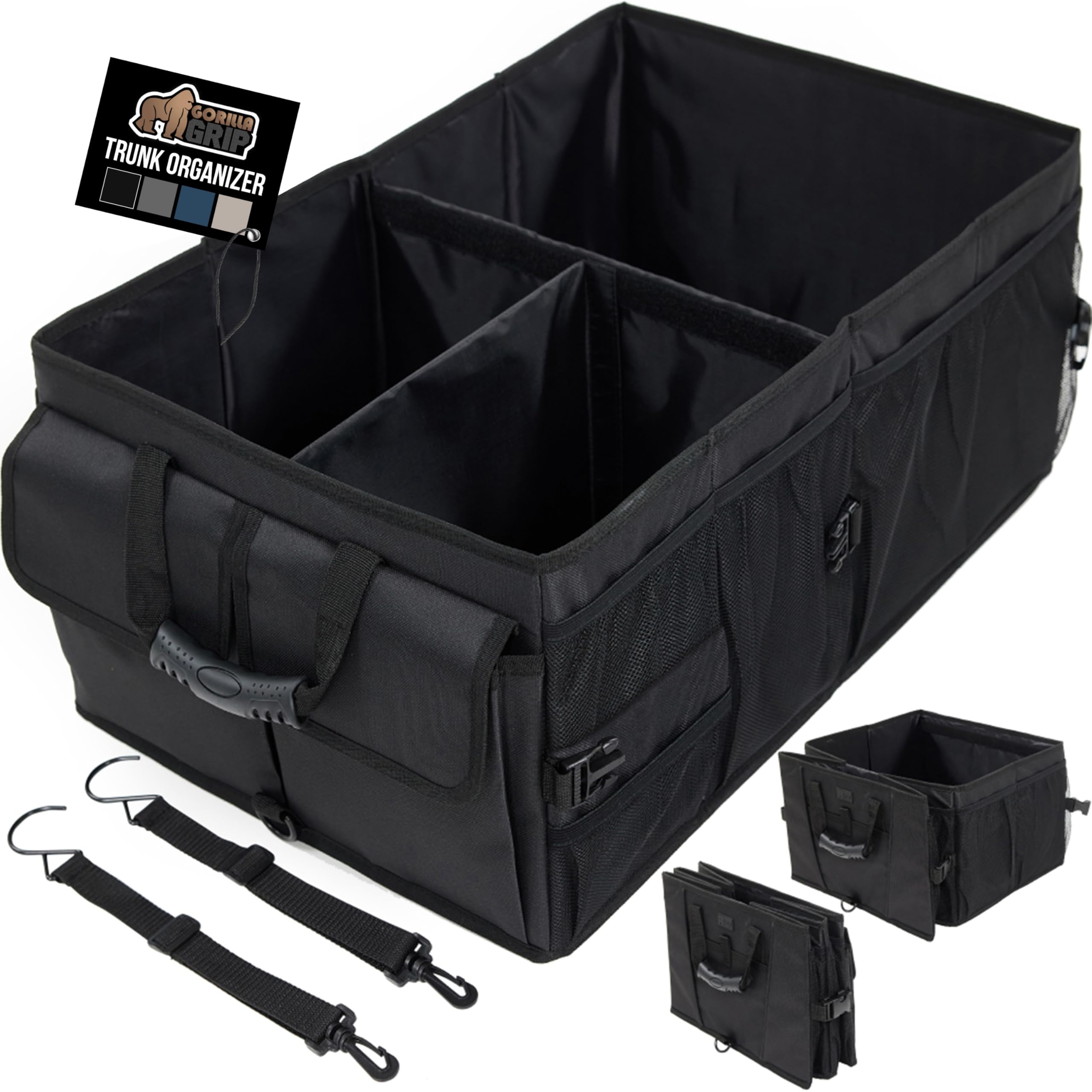 GORILLA GRIP Large Capacity Sturdy Trunk Storage Organizer, Slip and Water Resistant Collapsible Organization Container, Holiday Gifts for Men, Women, Multi Compartment Car or SUV Accessories, Black