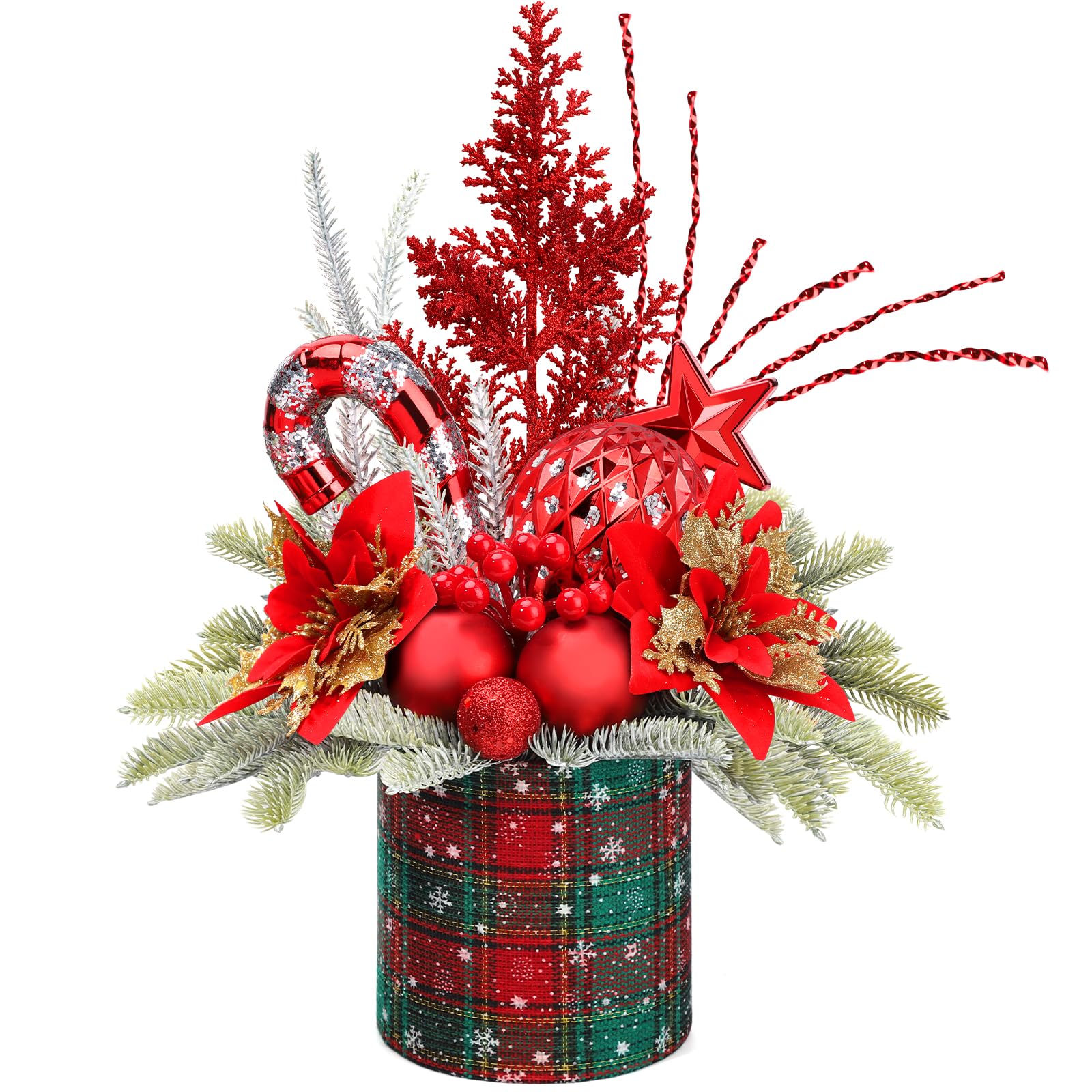 Photo 1 of Small Christmas Tree Tabletop Artificial Mini Christmas Tree Decorations with Holiday Ornaments Red Berry Pine Cone Greenery for Home Indoor Fireplace Mantel Xmas Decor (Large-Round-Red)