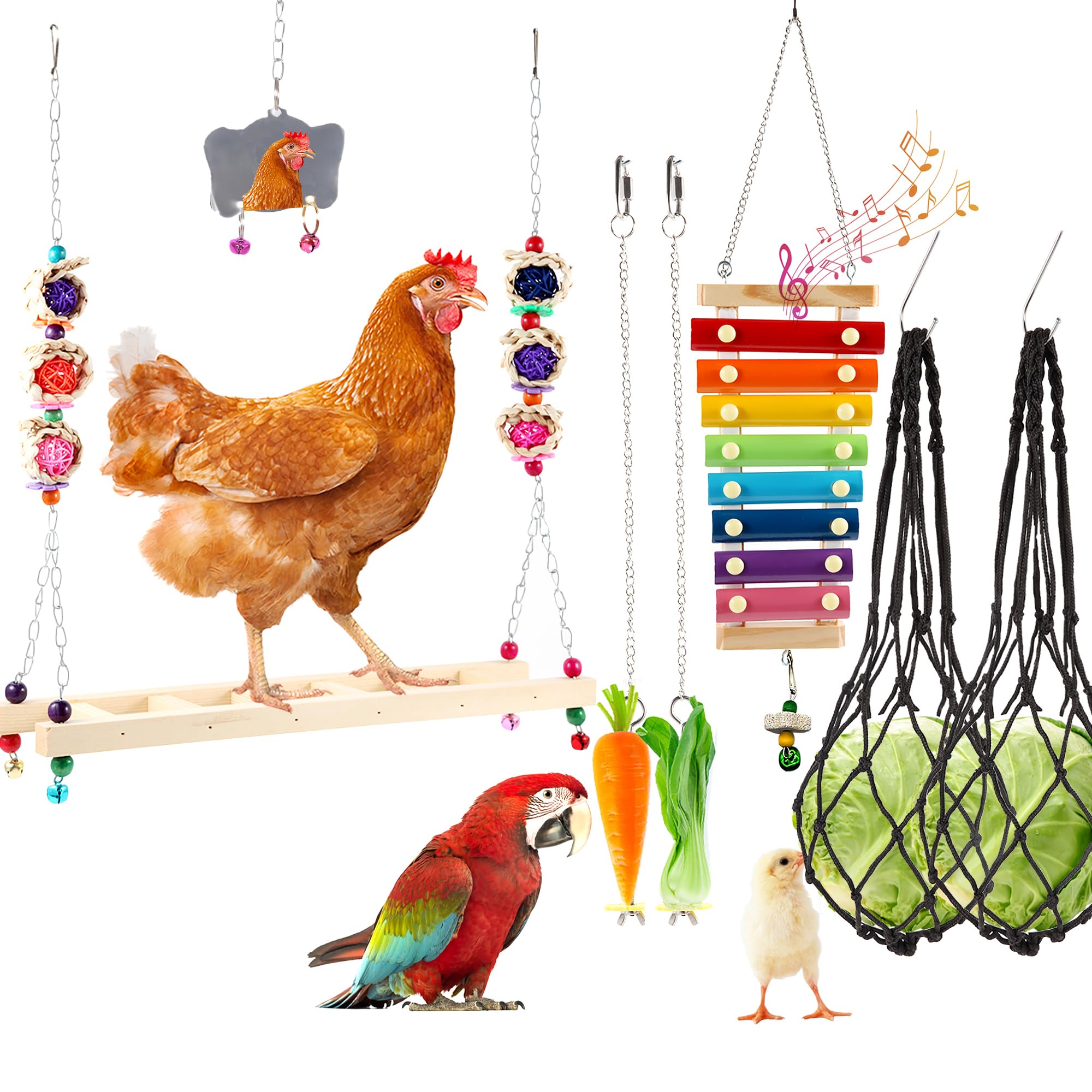 Photo 1 of 8PCS Chicken Toys for Coop Accessories, Chicken Swing, Xylophone, Mirror, Vegetable Hanging Feeder, Fruit Rack for Poultry Rooster Large Bird Parrot Lovers’ Entertainment Gift
