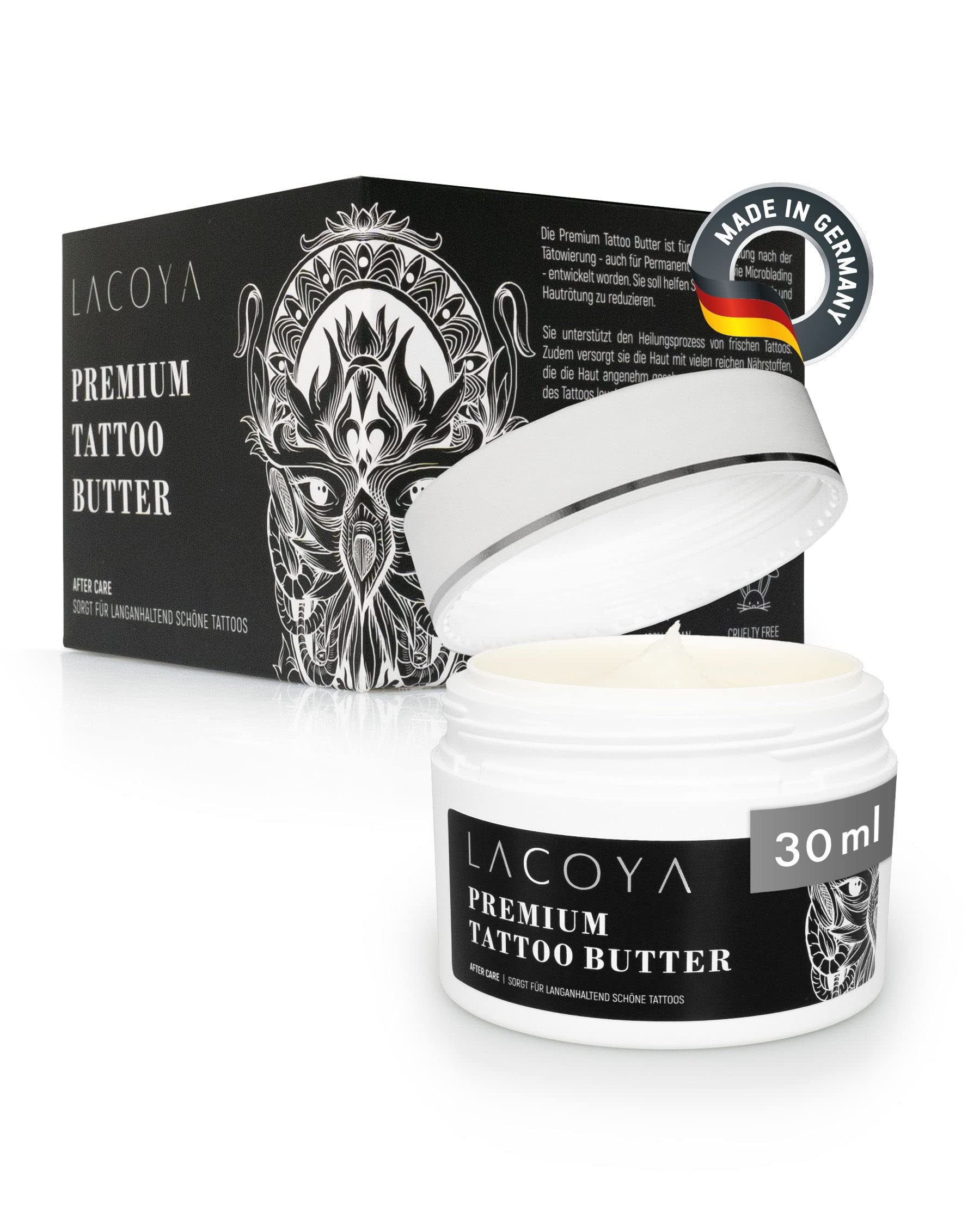 LACOYA® - Premium Tattoo Butter for Freshly Tattooed Skin - Care Cream for Daily Tattoo After Care - Tattoo Cream with Shea Butter Vegan, Breathable (Made in Germany) - Tattoo Care Balm
