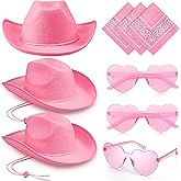 Geyoga 9 Pcs Adult Cowboy Hat with Paisley Bandanas and Heart Shape Sunglasses for Western Cowgirl Party Costume