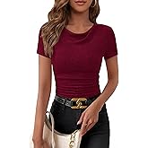 PRETTYGARDEN Womens Summer Tops 2026 Cute Cowl Neck Short Sleeve T-Shirts Ribbed Knit Fitted Spring Ruched Crop Top