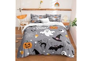 Merryword Cartoon Halloween Bedding Set Queen Size Grey Duvet Cover Set White Ghost Cute Pumpkin Pattern 3PCs 1 Duvet Cover 2 Pillowcases (Queen,Cartoon)