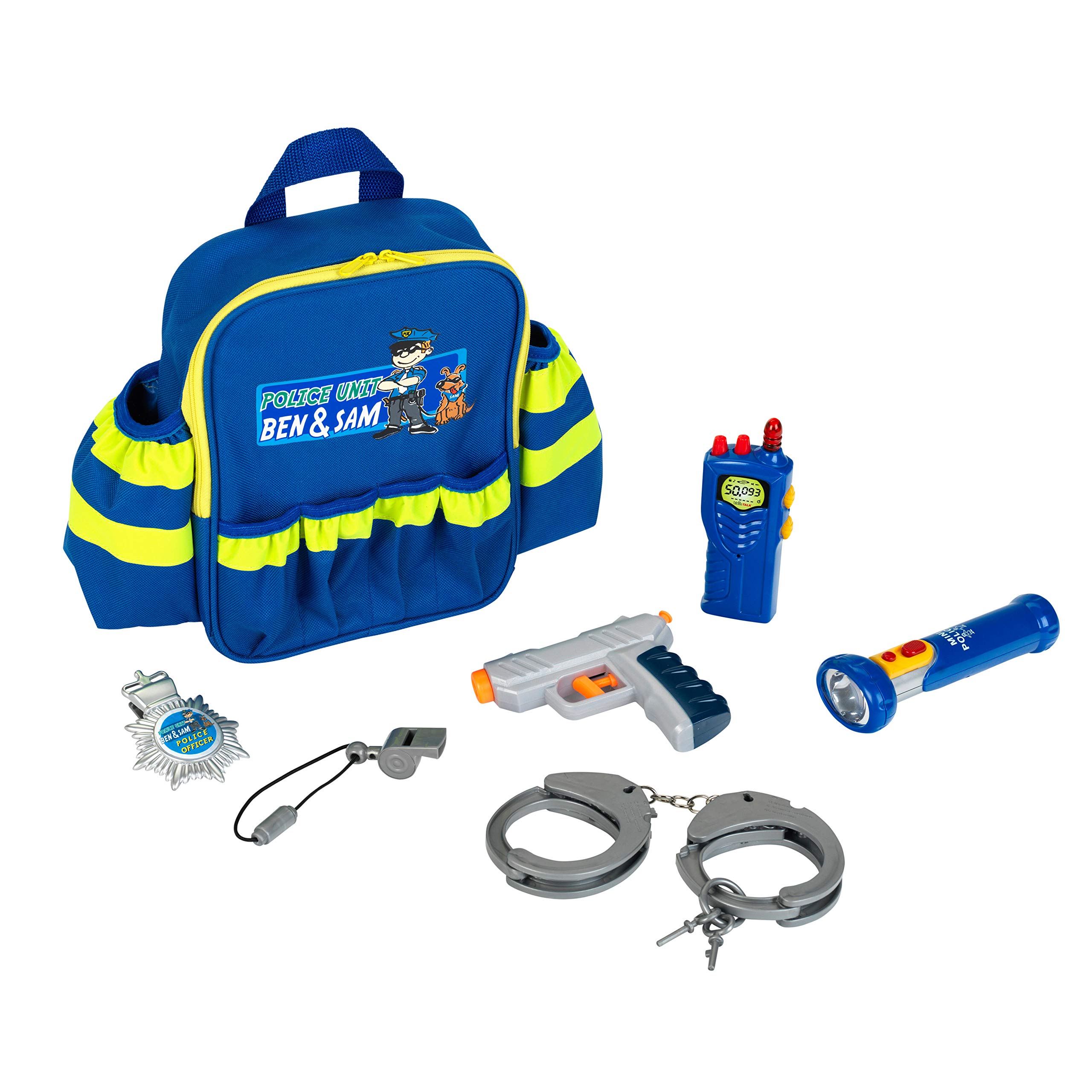 Theo Klein 8802 Police Unit Ben and Sam Police Backpack with Accessories I With Battery-Powered Torch, Handcuffs and Much More I Dimensions: 28 cm x 25 cm x 8.5 cm