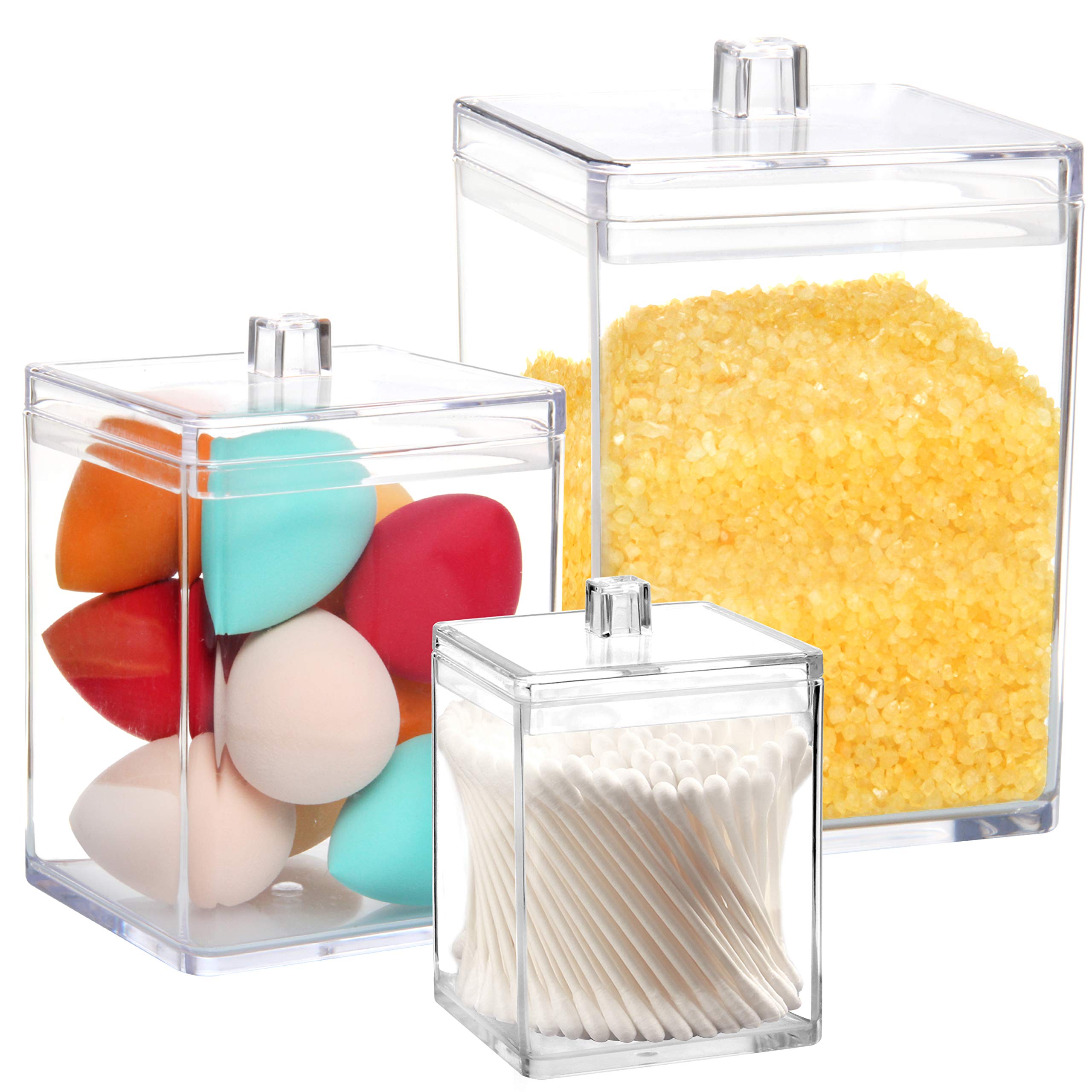 Youngever 1800ML, 900ML and 450ML Clear Plastic Apothecary Jars Set of 3, Re-usable makeup organiser, Qtip holders, cotton pad holders, Square Shape