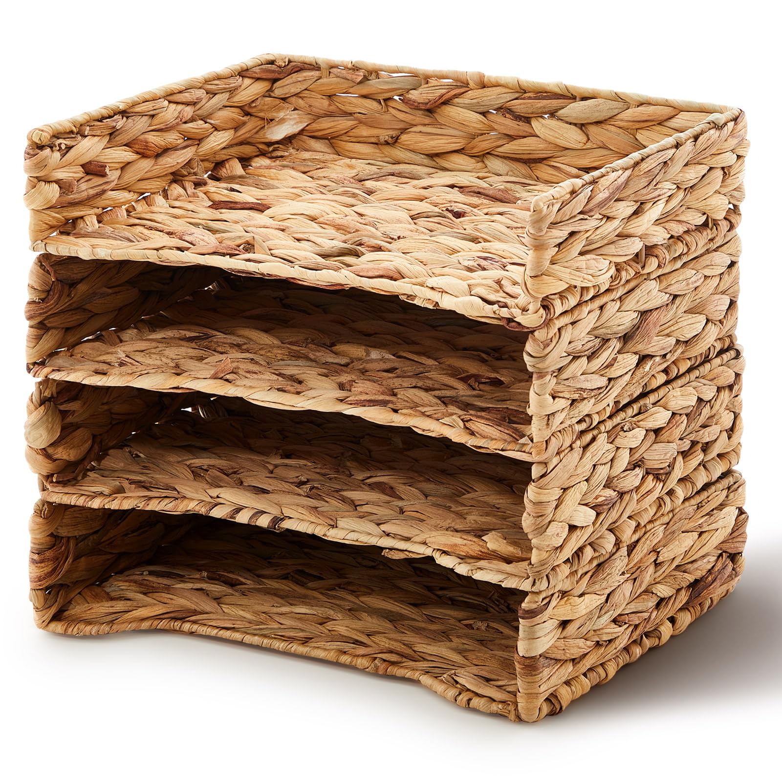 Photo 1 of Yeaqee 4 Pcs Water Hyacinth Letter Tray Stackable Natural Woven Paper Organizer A4 File Storage Basket Letter Size Desk Documents Tray Magazine Holder for Office Paper Organizer and Storage